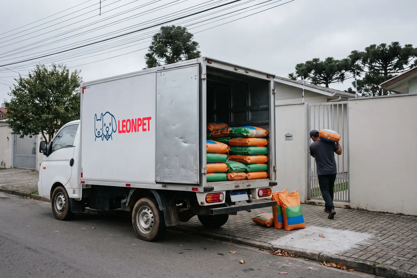 Um caminhão baú pequeno com a marca LeonPet na lateral, estacionado numa rua de Curitiba com a porta traseira aberta: dentro, sacos de ração empilhados; na calçada, mais dois sacos, e um entregador levando um deles no ombro até o portão